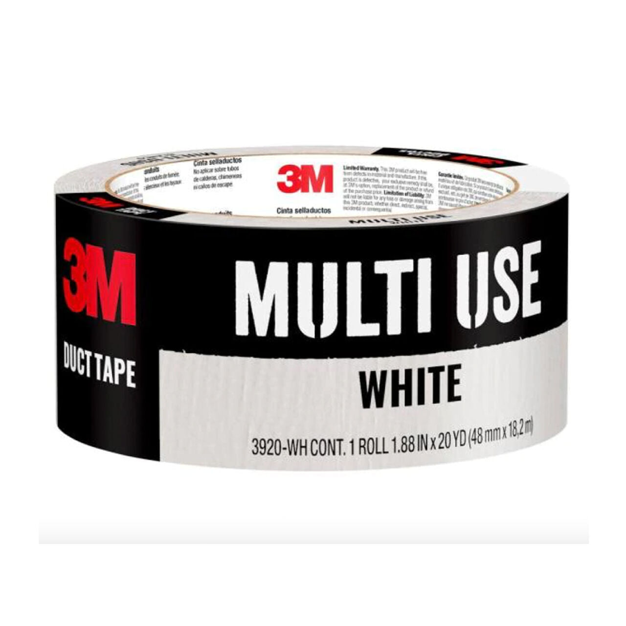A roll of Go Build Multi-Use Duct Tape, with a strong adhesive and waterproof backing, measures 1.88 in x 20 yds. The packaging is black and white with bold red 3M branding on the side.